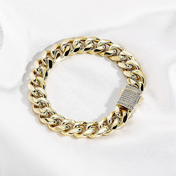 Hip Hop 14k Guldpläterad Miami Cuban Link Armband Med Isbitar Simulerade Labbdiamanter Spänne För Män Kvinnor
