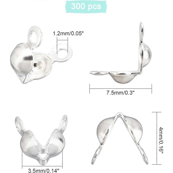 300 st 3,5 mm 304 Rostfritt Stål Musselformade Pärltoppar Pärlknutändarlock Vikbara KrympPärlor Skydd för Smyckestillverkning DIY Hantverk Hål: 1,2 mm