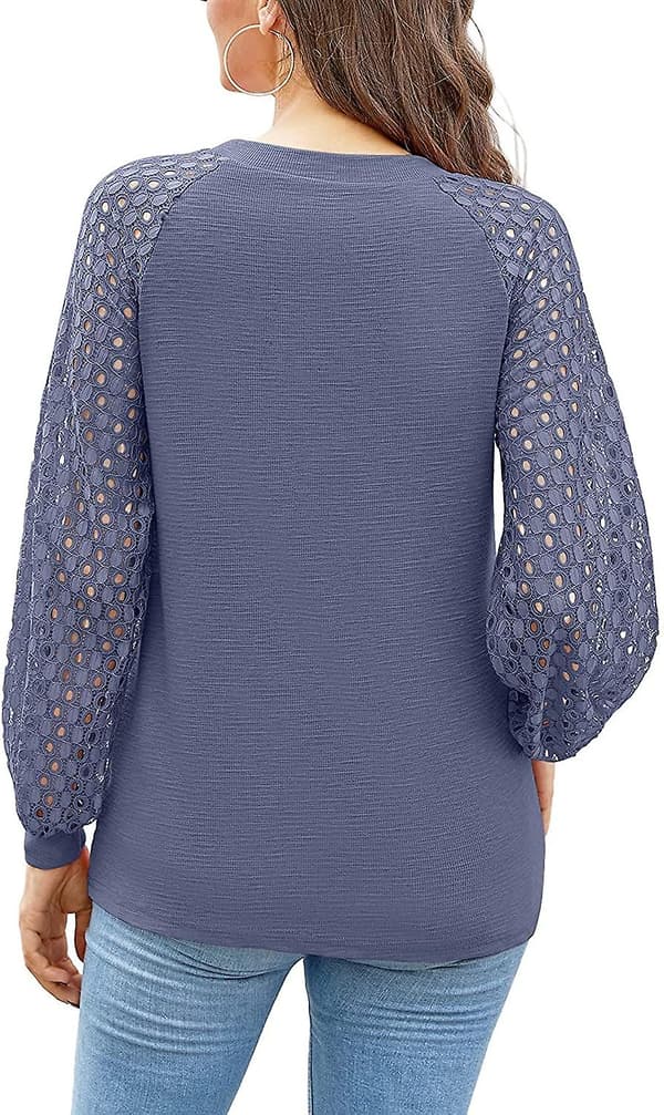 Dam långärmad toppar pullover spets casual lös blusar t-shirts