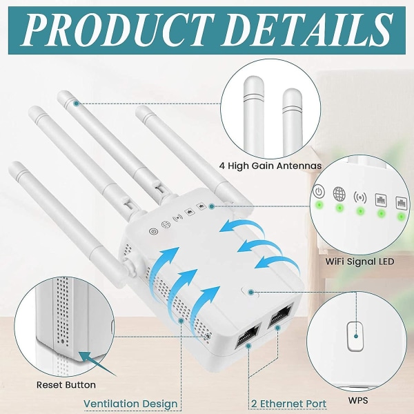 Wifi-förlängare upp till 1200 Mbps Repeater, täcker upp till 4000 Sq.ft och 35 enheter, 4 antenner 360 Full täckning Dual Band 2,4g och 5g Range Extender, Booste