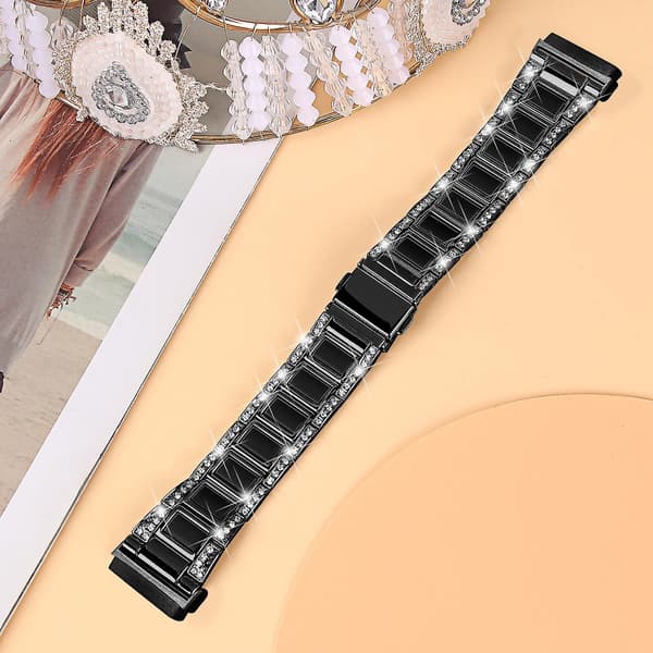 Til Fitbit Versa 4/Sense 2 Resin Urrem Rustfrit Stål Rhinestone Dekor Urrem Black