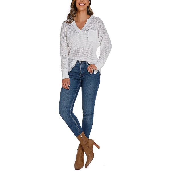 Acsergery V-hals Vaffelstrikket Langærmet Pullover Sweater Bluser Gave til Kvinder