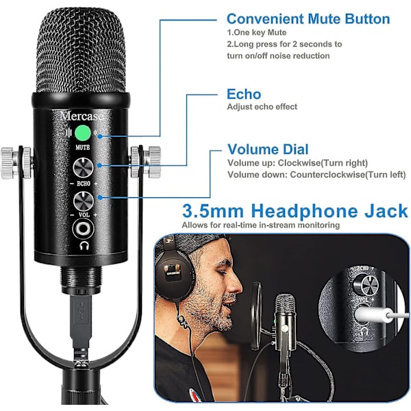 USB-mikrofonset, streaming-podcast-datormikrofon för spel, YouTube-videor, inspelning av musik, röstuppspelning