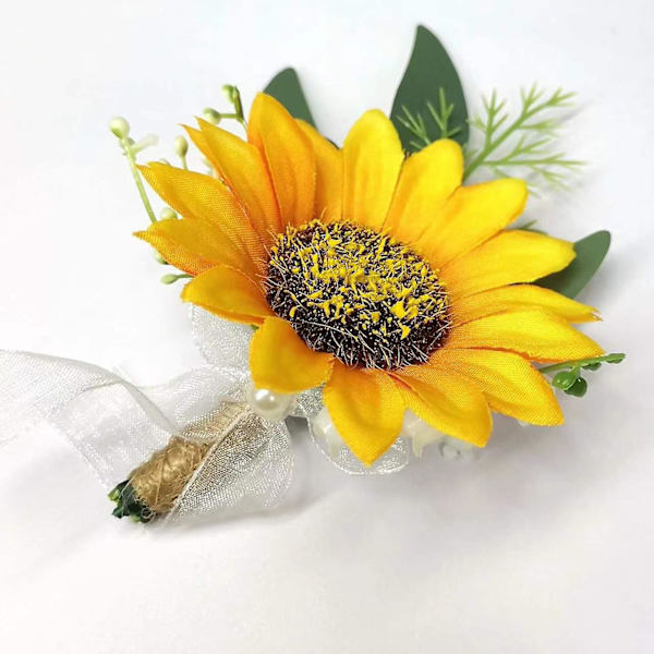 Kunstig solsikke håndleddsblomst og sett for brudgom brudepike bryllupsdekor