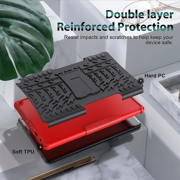 För FIRE Hd 10 Tablet Case 2021, Heavy Dual Dual Layer Stötsäker Slagtålighet Kickstand Case Kompatibel med Fire Hd 10 Case & 10 Red