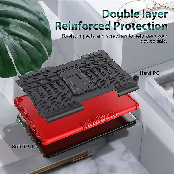Til F I R E Hd 10 Tablet Cover 2021, Robust Dobbelt Lag Stødsikkert Slagfast Støtteben Beskyttelsescover Kompatibelt Med Fire Hd 10 Cover & 10 Red