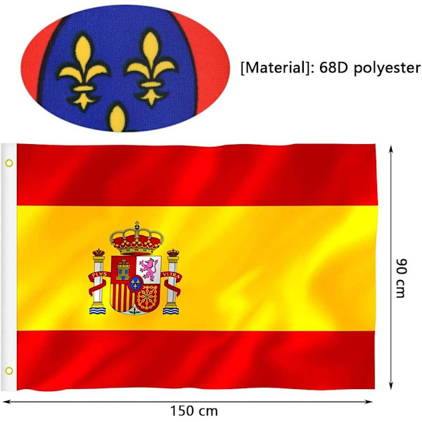 2 kpl Espanjan lippu 90 x 150 cm, Espanjan kansallislippu valmistettu polyesteristä, UV-kestävä, repeytymätön, säänkestävä, Espanjan lippu