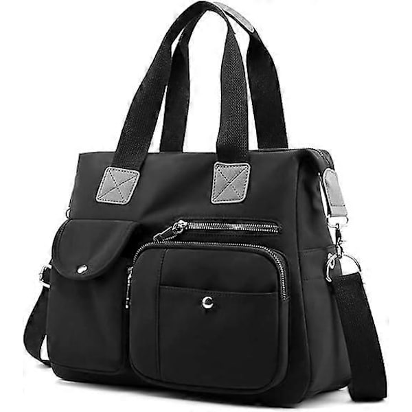 Dame Tote Taske Nylon Multi Lomme Skuldertasker Laptop Arbejdstaske Lærer Taske og Håndtasker Sort