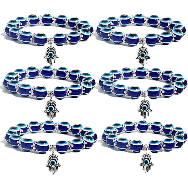 6-pack blå pärlarmband med berlocker i form av Fatimas hand - stretchiga armband med pärlor - paracsergeri-present