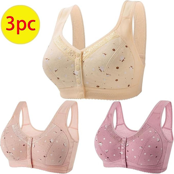 3-pack Sportbehåar med Framknäppning för Kvinnor - UK Rea - Trådlös Stöd, Fullt Täckande, Push-Up, Bekväma Breda Band, Vardag A0803 A5 Purple XL