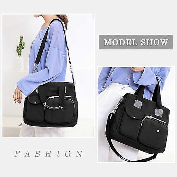Dame Tote Taske Nylon Multi Lomme Skuldertasker Laptop Arbejdstaske Lærer Taske og Håndtasker Sort