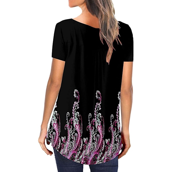 Dame Tunika Topper Ensfarget Plissert V-hals Knapper Bluse Blomstertrykte Damer Mixblack S