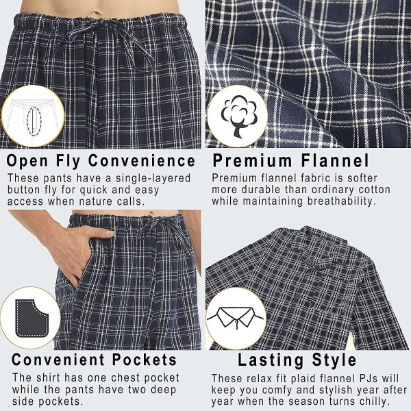 Herre Pyjamassæt Langærmet Ternet Loungesæt Flanel Pyjamas Plaid Overdel og Underdel 2 Dele Vinter Bomulds Natøj Navy Blue M