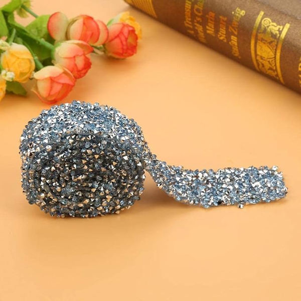 Rhinestone Bånd Wrap Diamant Mesh Wrap Rulle Glitrende Krystaldekorationer til Bryllup Fødselsdagsgaveindpakning, 2 yard 3CM Bred 180cm Lang (Lyseblå)