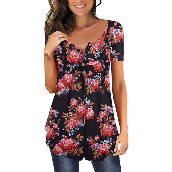 Dame Tunika Topper Ensfarget Plissert V-hals Knapper Bluse Blomstertrykte Damer Vinblack L
