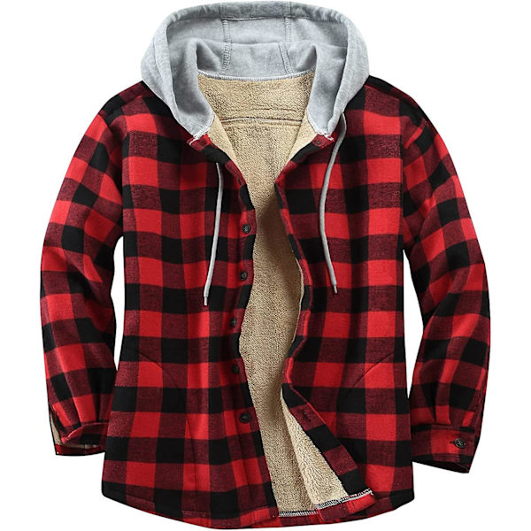 Herrkläder Bomull Rutiga Skjortor Jacka Fleecefodrade Flanellskjortor Sherpa Knäppning Jackor Med Huva För Män Red 2XL