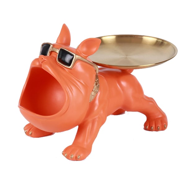 2023 Beste Salg Kul Resin Hund Statue Metallbrett Med Søte Briller Fransk Bulldog Figur Skulpturer Hjem Dekor Gave Orange