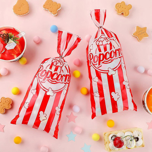 100 kpl Popcorn-pusseja juhliin, Popcorn-herkkupussisetti, 100 kpl punaisia keksi-pusseja