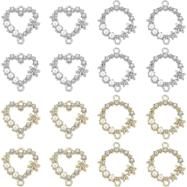 16 stk. 4-stil Forbindelses Charm Vedhæng Ring & Hjerteform Rhinestone Forbindelsesled Alloy Krystal Led med Imitation Perle