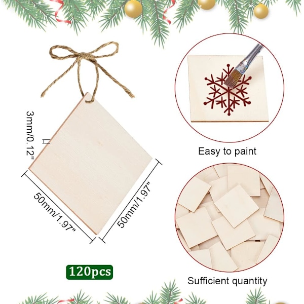 Pakke med 120 stk. 5 cm (2 tommer) Ubehandlede Tomme Firkantede Treskiver Treutklipp Biter for Pyrografi Maling Skriving DIY