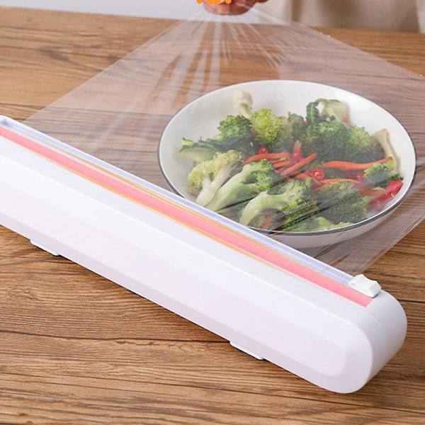 Med skyvekutter, matfoliekutter, gjenbrukbar plastfoliekutterdispenser, dobbel elastisk spenne, justerbar lengde for aluminiumsfolie, plastfolie