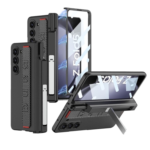 Z Fold 5 Fodral, Slim Pc Fodral För Samsung Galaxy Z Fold 5 Med Magnetiskt Hängselskydd, Skärmskydd & Armband Carbon Black For Galaxy Z Fold 5