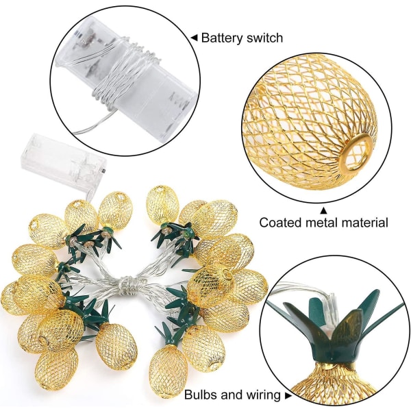 1 förpackning ananas LED-slingljus 9,8 fot 30 LED batteridrivna ljusslingor för alla hjärtans dag fest inomhus sovrumsdekoration (varmvit)