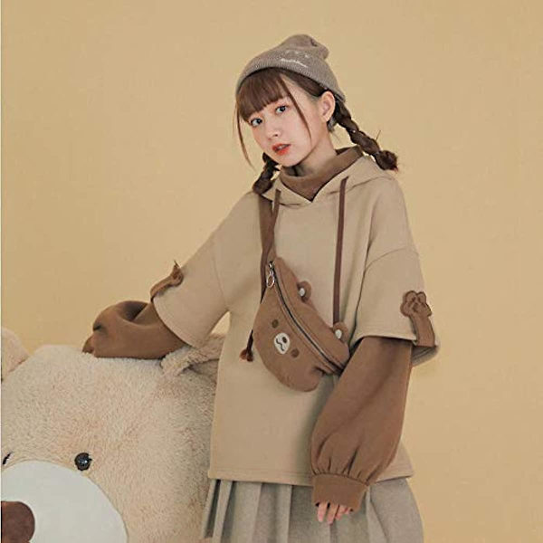 Kvinnors Harajuku Aesthetic Bear Anime Hoodie Koreansk Kawaii Rund Hals Streetwear Kpop Höst och Vinter Kläder Toppar beig black 2XL
