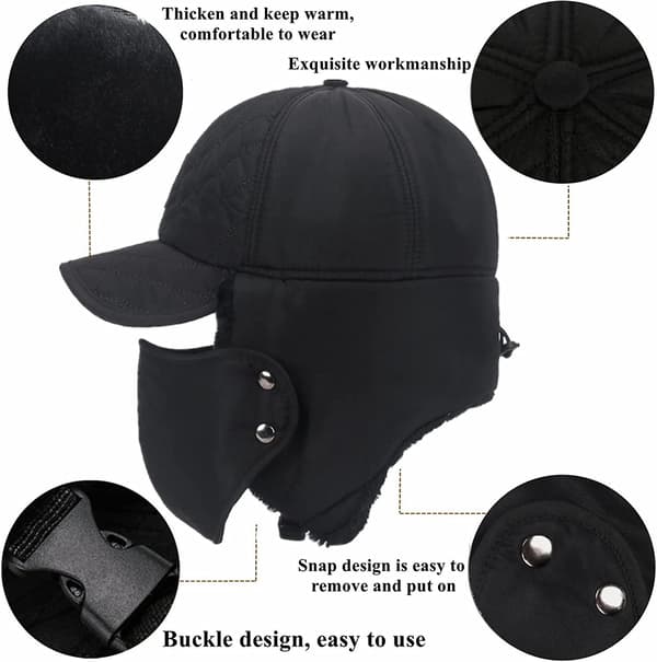 Unisex vintermössa tjock fluff foder bomber mössa med Acsergery öronlappar & munskydd 3 i 1 krigsgåva