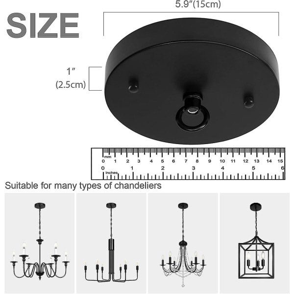 15 cm Svart Pendellampe Baldakin, Metall Baldakinsett for Bondegård Hengende Lysekrone, Rund Taklampeplate (svart) Black 5.9 Inches Surface Hanging