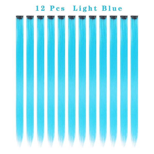 12 stk. Fargede Røde Hårextensions Rett Multicolor Clip In Hårextensions Fargerike 20 Tommer Regnbue Hårextensions For Barn Damegaver Halloween Sky Blue