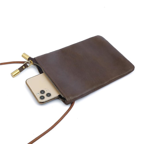 8862 Tyylikäs lehmännahkainen vetoketjullinen puhelinkorttitasku pystysuora naisten crossbody-laukku Coffee