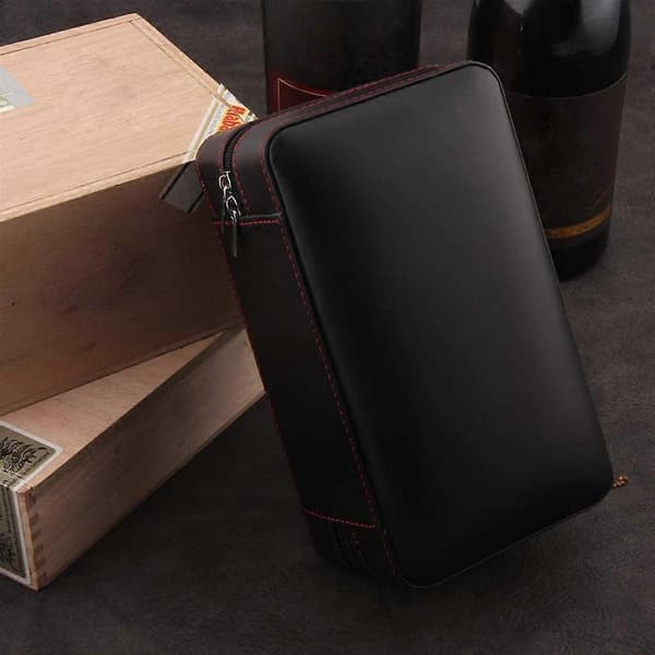 Læder Cigar Humidor Etui, Bærbar Cedertræ Luftfugter til 4 Cigarer