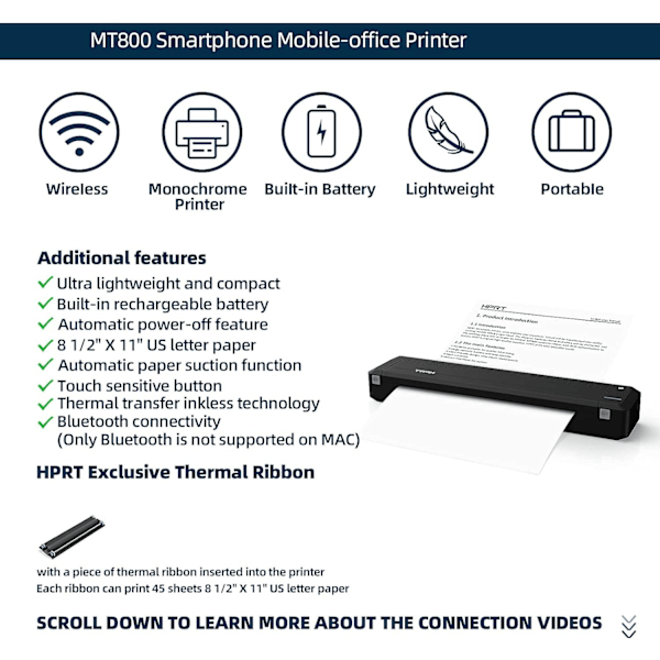 HPRT MT800 Termisk överföringsbar bärbar skrivare Stödjer 8,5\" X 11\" US Letter & A4-papper Bluetooth trådlös reseprinter kompatibel