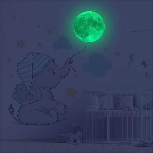 Härlig elefant med cap väggdekaler, självlysande måne väggdekor, molnstjärna tecknade väggdekorationer, avtagbar konstväggmålning för barn i sovrummet