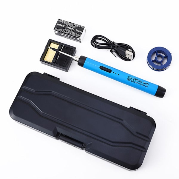 Trådlös Lödkolvset - USB Lödkolv med Justerbar Temperatur, Lödspetsar, Lödkolvställ, Lödtråd, Lödpasta -G blue