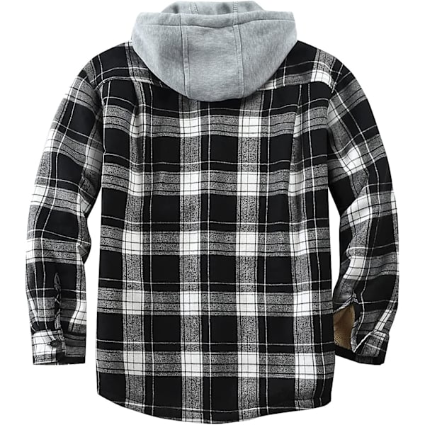 Rutete bomullsjakke for menn, fleeceforet flanellskjorte, Sherpa-jakke med knapper og hette for menn black S