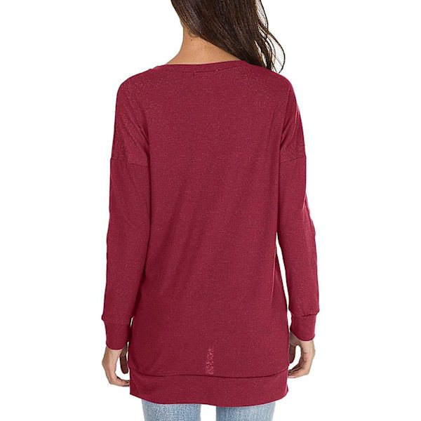 Dam långärmad sweatshirt rund hals sid split casual tunika pullover t-shirt toppar Wine M