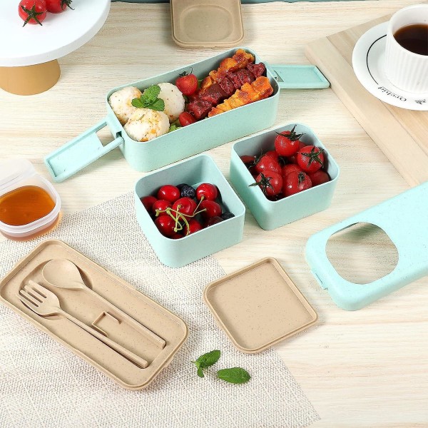 Bento Lunchbox, 2-lagers läckagesäker Bento Box med 3 fack och såsgryta Bestick Stapelbar salladslåda för barn och vuxna Beige