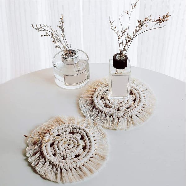 4-delad handgjord macramé-underläggsset, boho ren handgjord bomullsfläta macramé-koppmattor bordsdekor