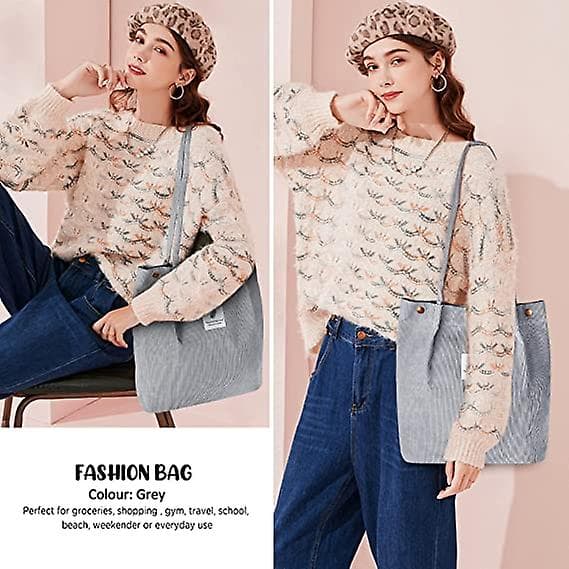 Corduroy Tote Bag för Kvinnor Canvas Axelväska med Innerficka
