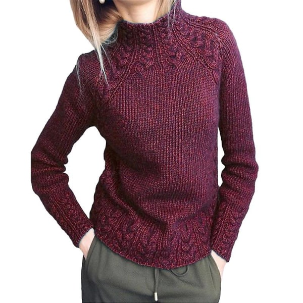 Dame sweater mode ensfarvet hamp mønster strikket sweater til kvinder Wine red Xxl