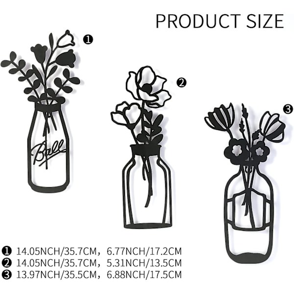 Sæt med 3 Metal Vase Blomster Vægkunst Metal Blomst Minimalisme Metal Blomst Vægkunst Indretning Hængende Til Hjem Soveværelse Badeværelse Køkken Have Udendørs Og