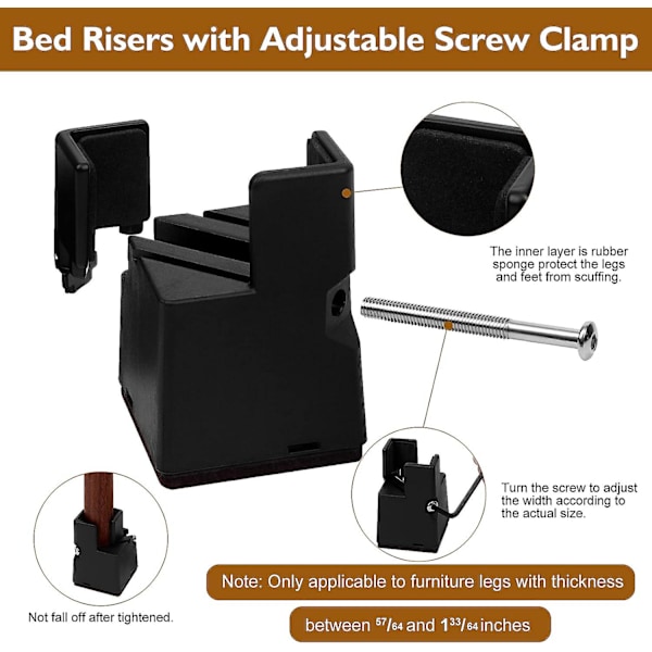 Sänghöjare 4 tum med justerbar skruvklämma, 4-pack tunga möbelhöjare, stöder upp till 5 000 pund, passar möbelben med tjocklek från 0 2 Inch   Black 4 Inch   Brown