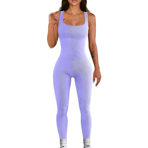 Kvinnors Yoga Ribbade En Delig Tank Toppar Rompers Ärmlös Träning Overaller purple L