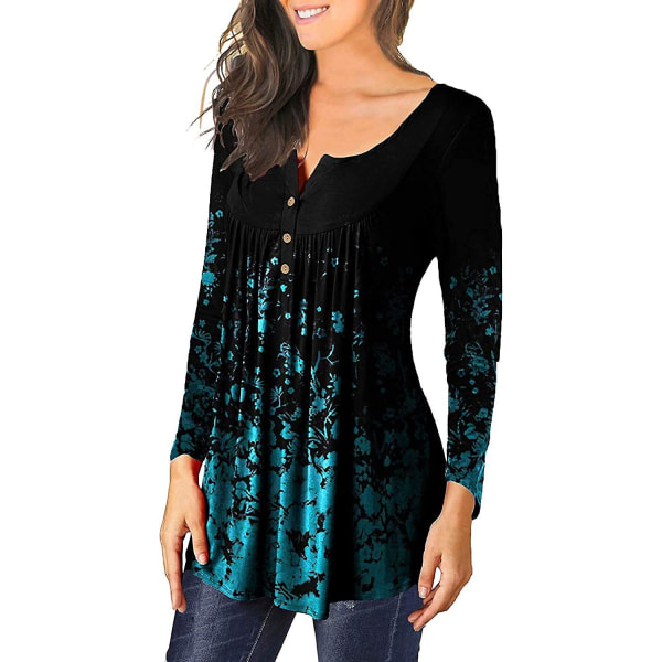 Dame Tunika Topper Ensfarget Plissert V-hals Knapper Bluse Blomstertrykte Damer Yellow M