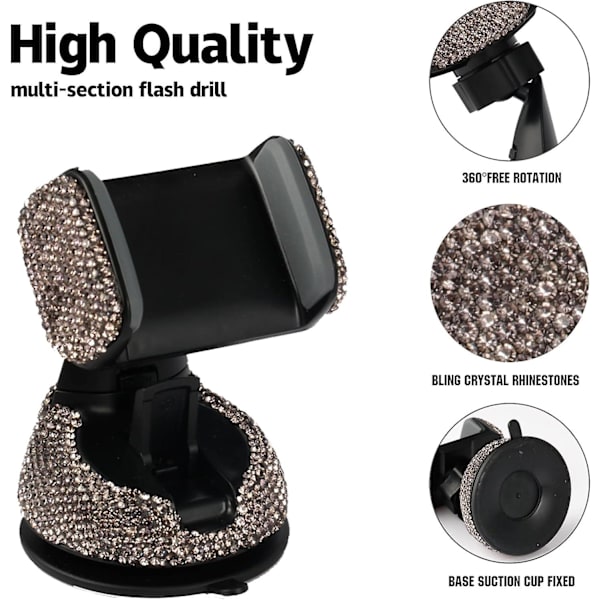 Universal Bling Mobilholder, 360 Justerbar Biltelefonholder med Ekstra Luftventilbase, Krystal Bilinteriør Dekoration (Grå)