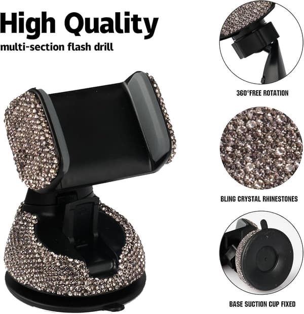 Universal Bling Mobilholder, 360° Justerbart Bilfeste med Ekstra Luftventilbase, Krystall Bilinteriørdekorasjon (Grå)
