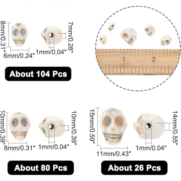 arricraft 200 st 3 Storlekar Skalle Pärlor Krämvit Syntetisk Turkos Pärlsträngar Skalle Form Sten Lösa Pärlor för Smyckestillverkning