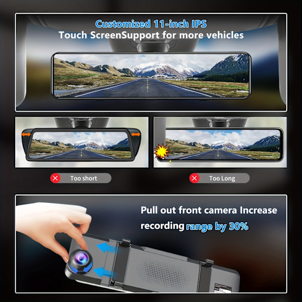 4K Spegeldashcam Fram och Bak, Backspegelkamera för Bilar & Lastbilar med 11\" IPS Pekskärm, Backkamera med Typ-C, Starvis Sensor